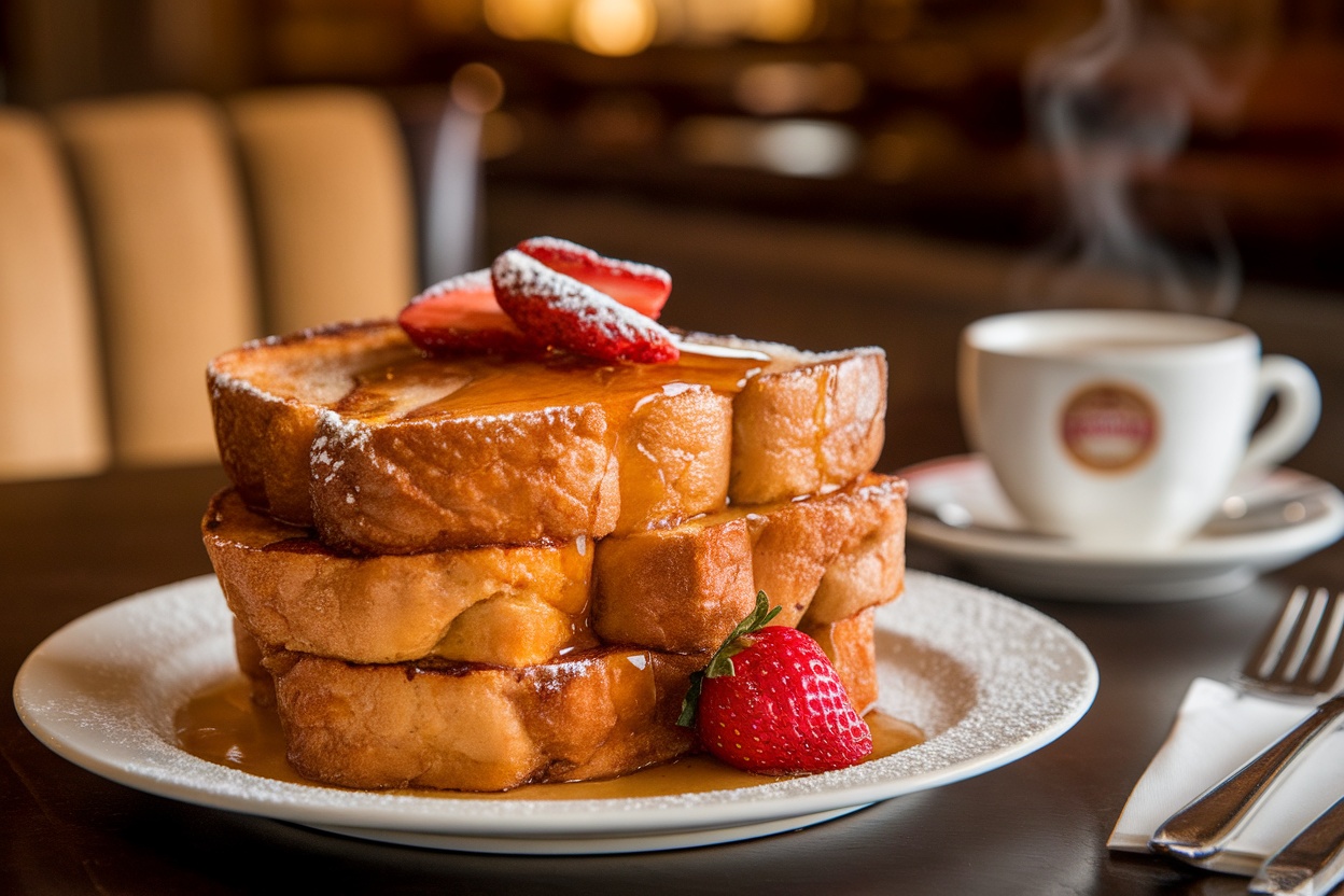 Decadent French toast topped with strawberries and powdered sugar, with a cup of coffee in the background.