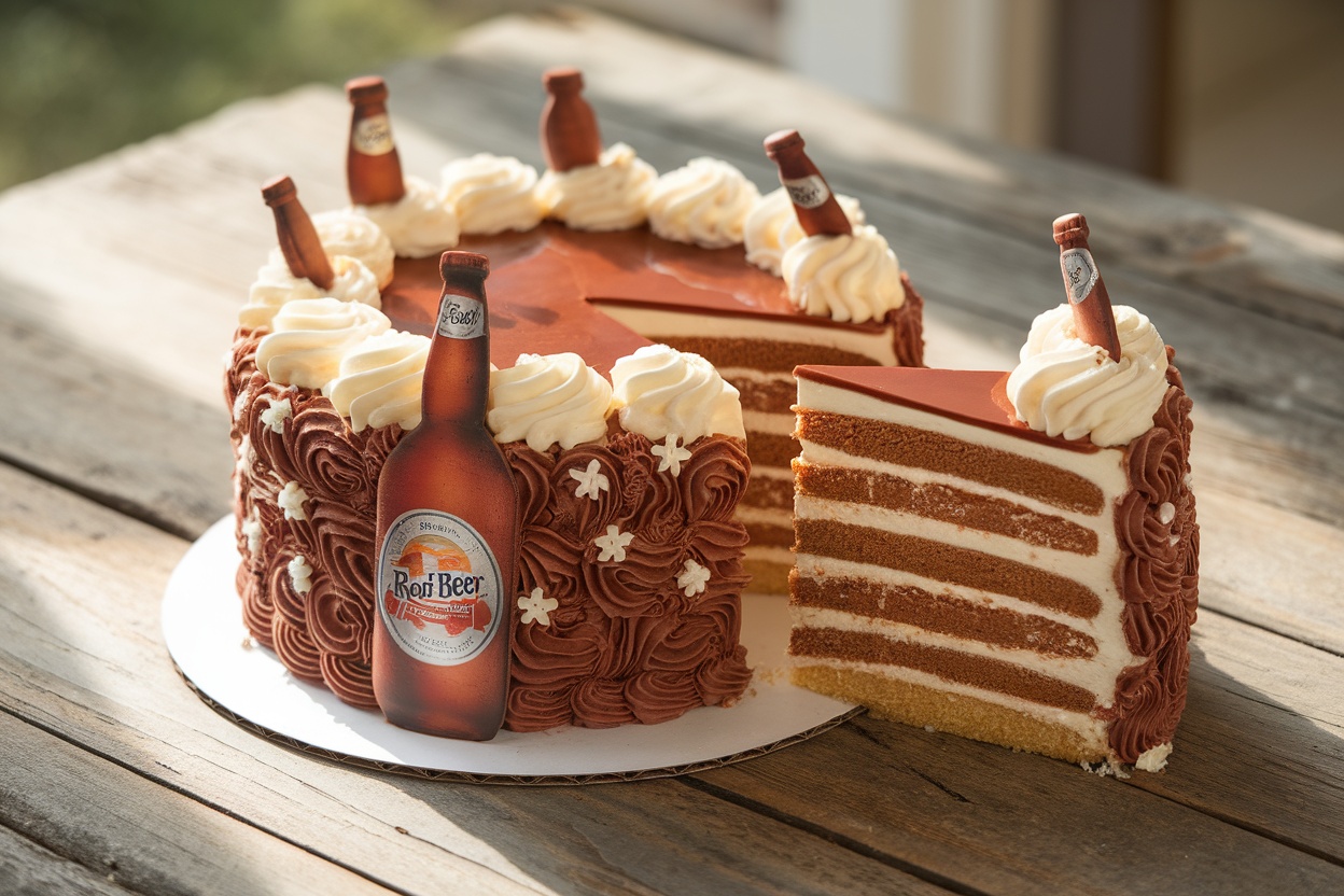 A layered root beer float cake with frosting, garnished with decorations, showcasing a slice revealing a fluffy interior.