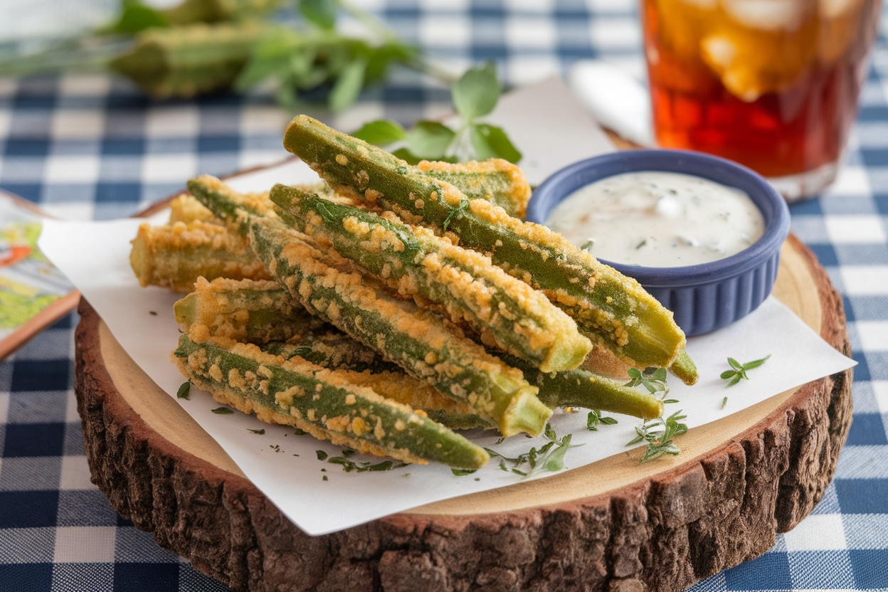 Crispy fried okra on a wooden plate with ranch dressing, garnished with herbs, on a checkered tablecloth.