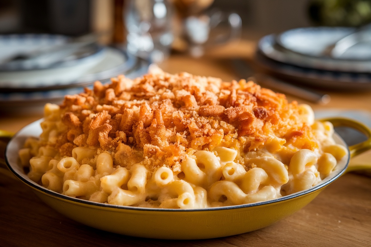 A golden baked macaroni and cheese with a crispy topping, set on a dining table.