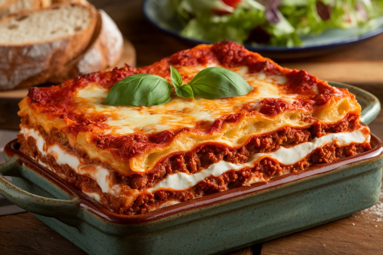 A delicious lasagna layered with meat sauce and creamy filling, garnished with basil, on a rustic table.