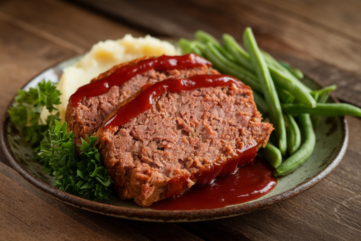 A delicious slice of meatloaf with ketchup glaze, served with mashed potatoes and green beans.