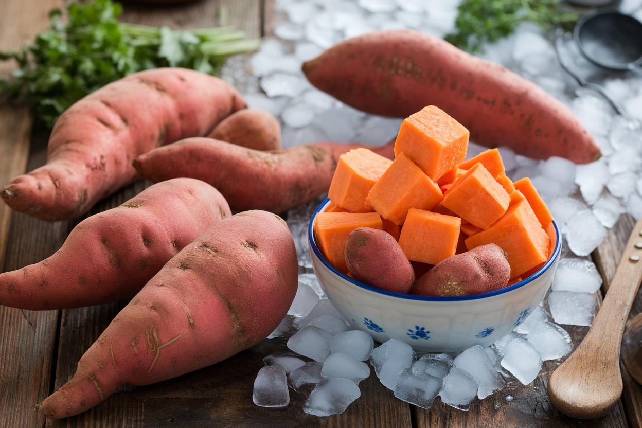 Fresh sweet potatoes and a bowl of frozen sweet potato cubes on a wooden table.