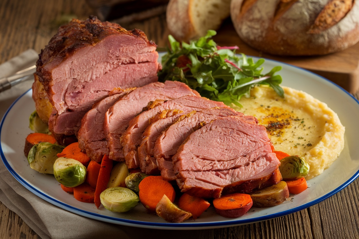 A serving of porchetta with roasted vegetables, creamy polenta, and arugula salad on a rustic wooden table.