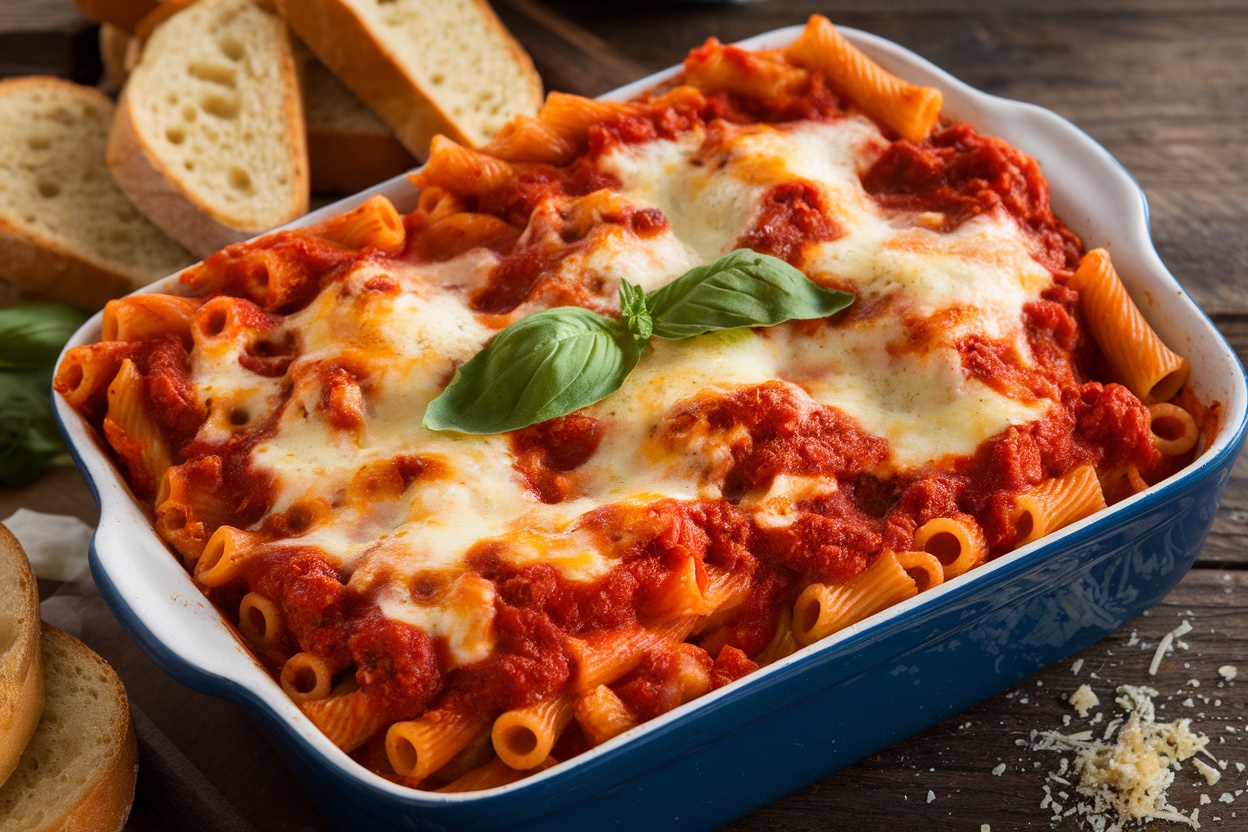 A delicious baked ziti casserole with melted cheese and marinara sauce, garnished with basil, on a wooden table with garlic bread.