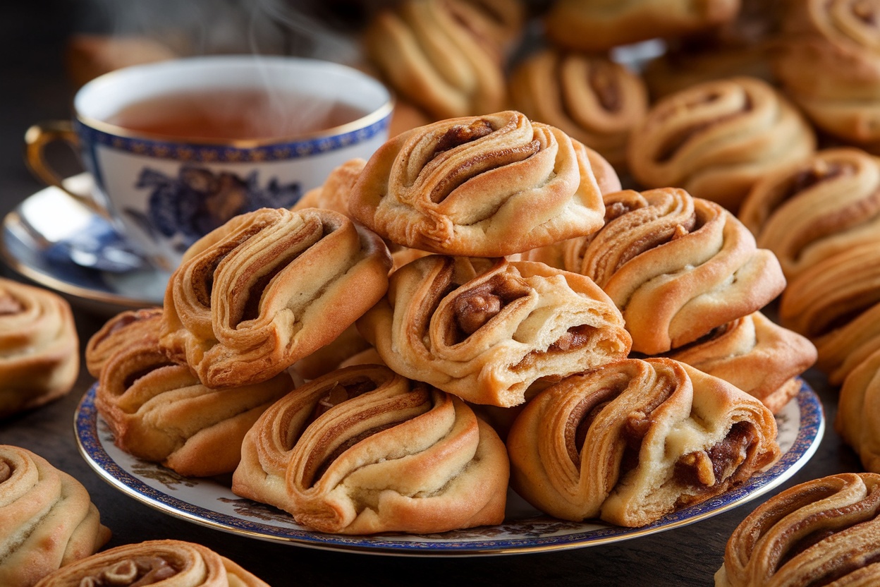 A plate of golden rugelach cookies filled with cinnamon and nuts, served with a cup of tea.