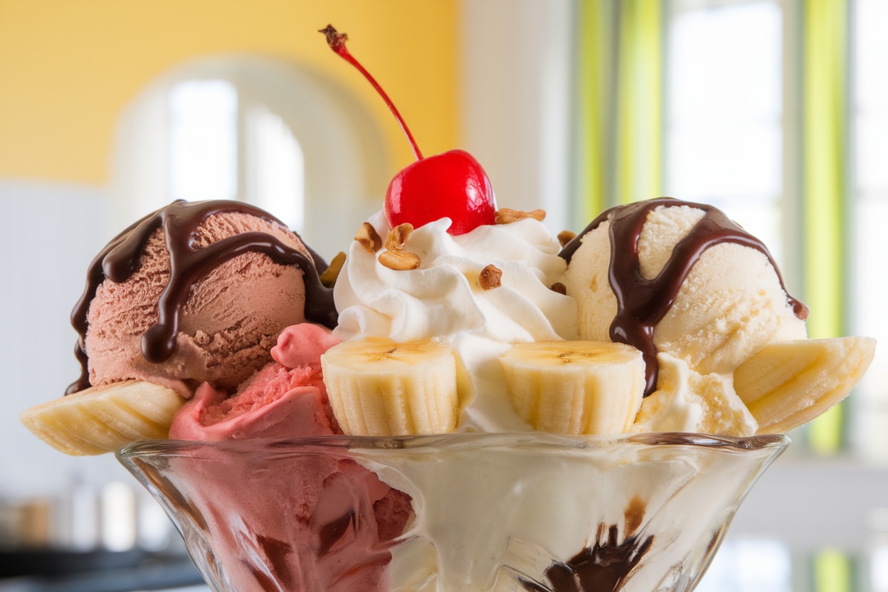 A colorful banana split with ice cream, toppings, and a cherry.