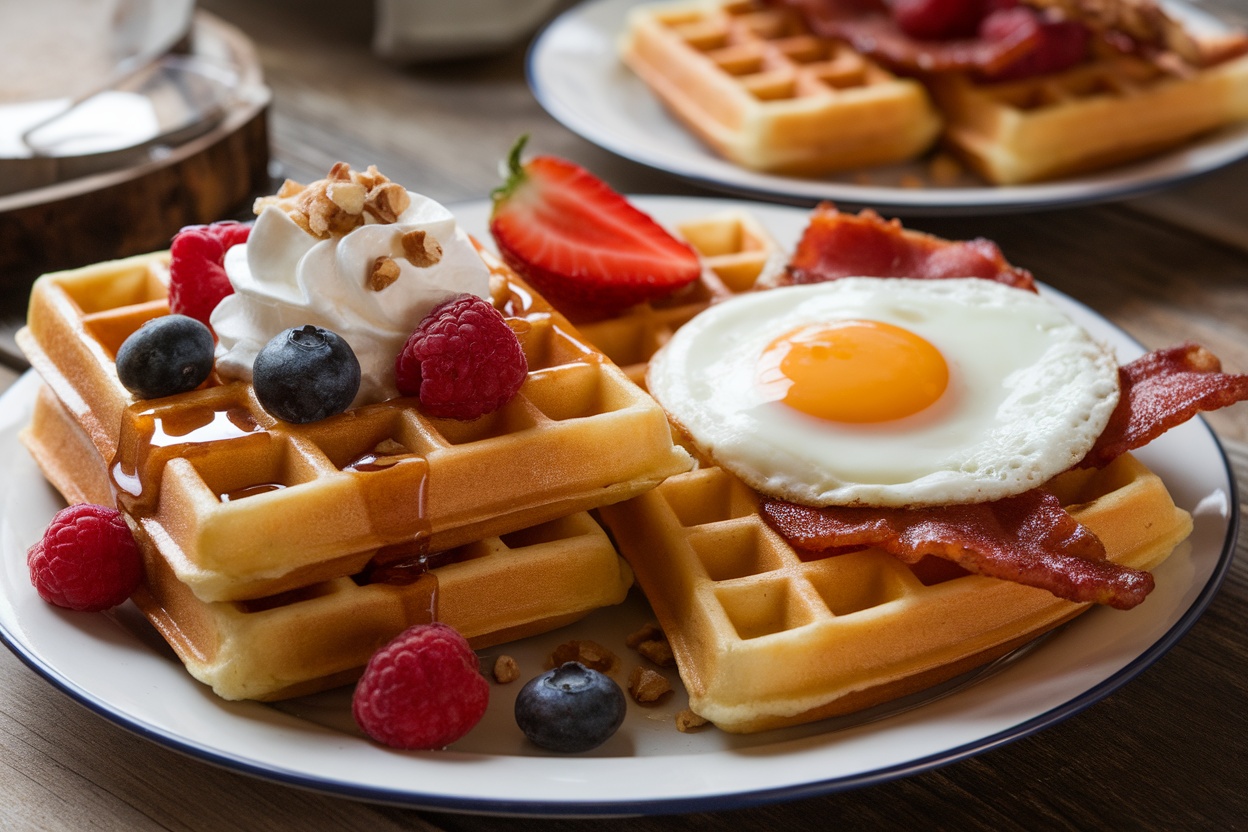 Plate of waffles topped with syrup, berries, and whipped cream alongside a savory waffle with an egg and bacon.