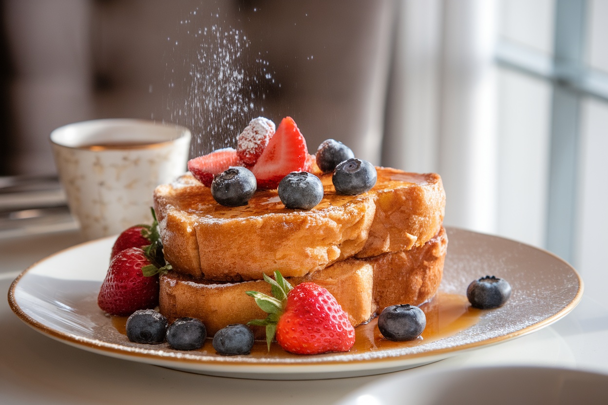 French toast with strawberries and blueberries, garnished with powdered sugar, served with maple syrup.