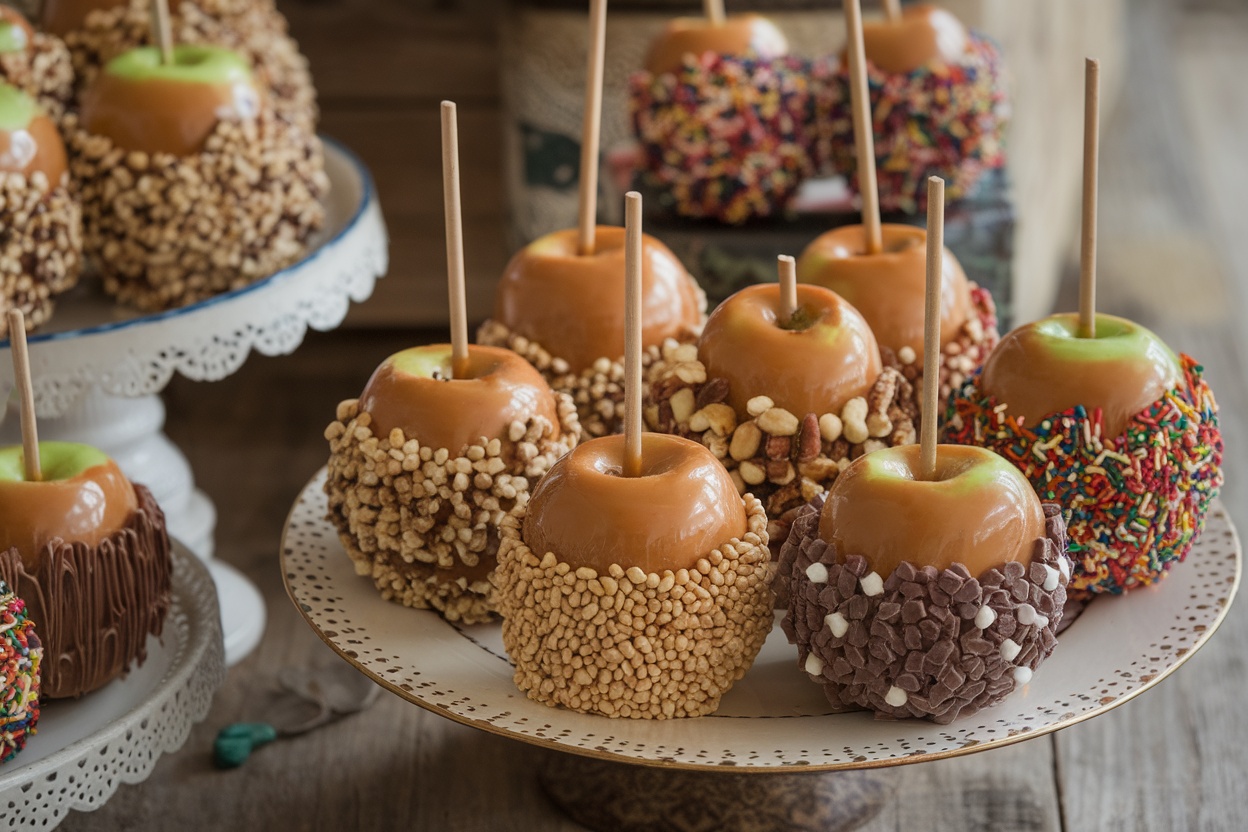 Delicious caramel apples topped with nuts, sprinkles, and chocolate on a wooden table.