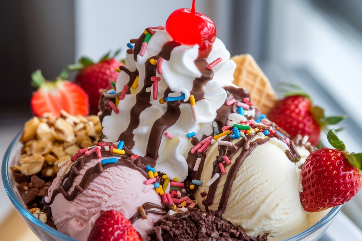 A delicious ice cream sundae topped with chocolate sauce, whipped cream, sprinkles, and a cherry, decorated with fresh fruits and nuts.