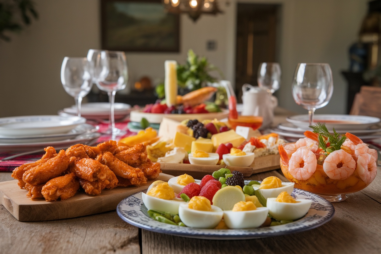 A variety of classic American appetizers including buffalo wings, deviled eggs, cheese platter, and shrimp cocktail on a wooden table.