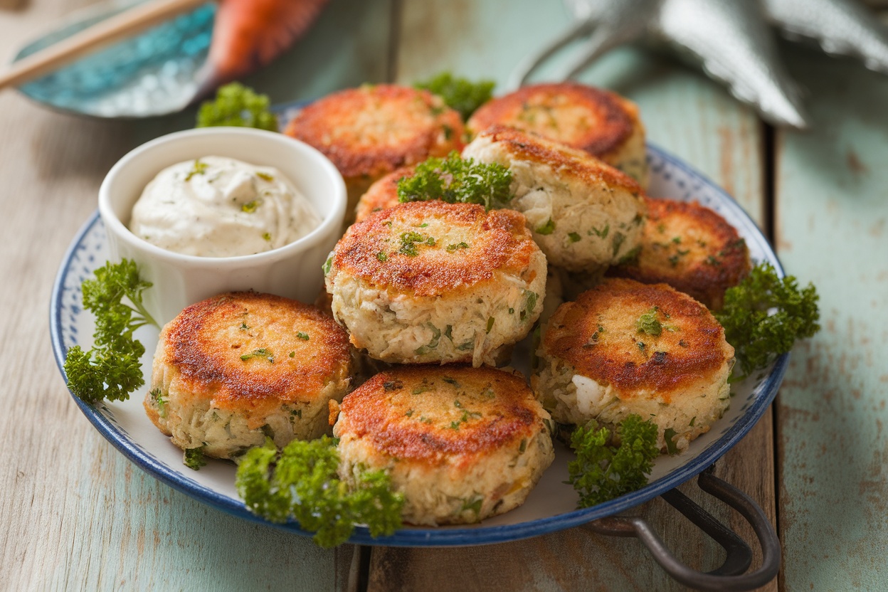 Crispy crab cakes on a platter with remoulade, garnished with parsley.