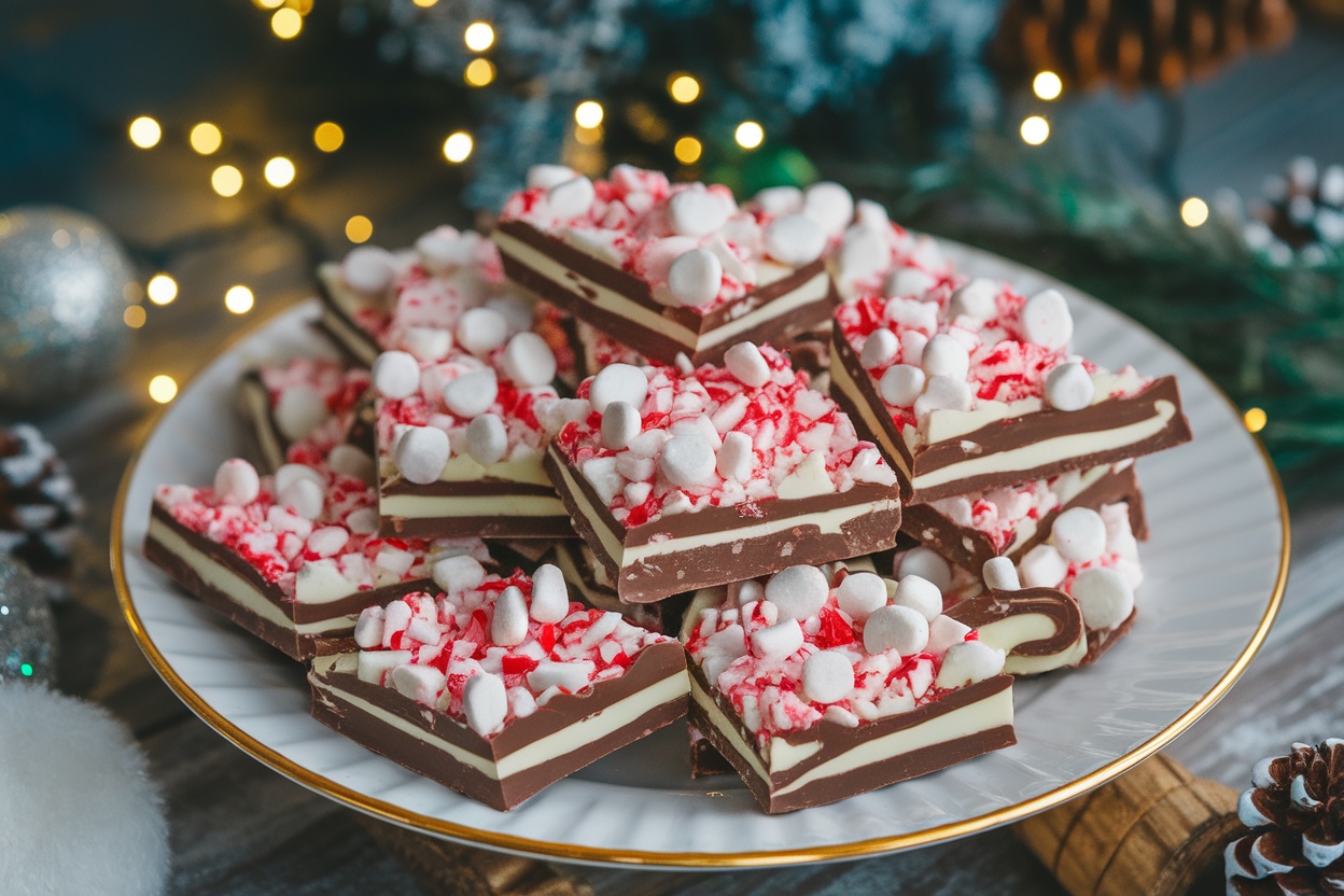 A festive plate of peppermint bark with dark and white chocolate layers, topped with crushed peppermint candies.