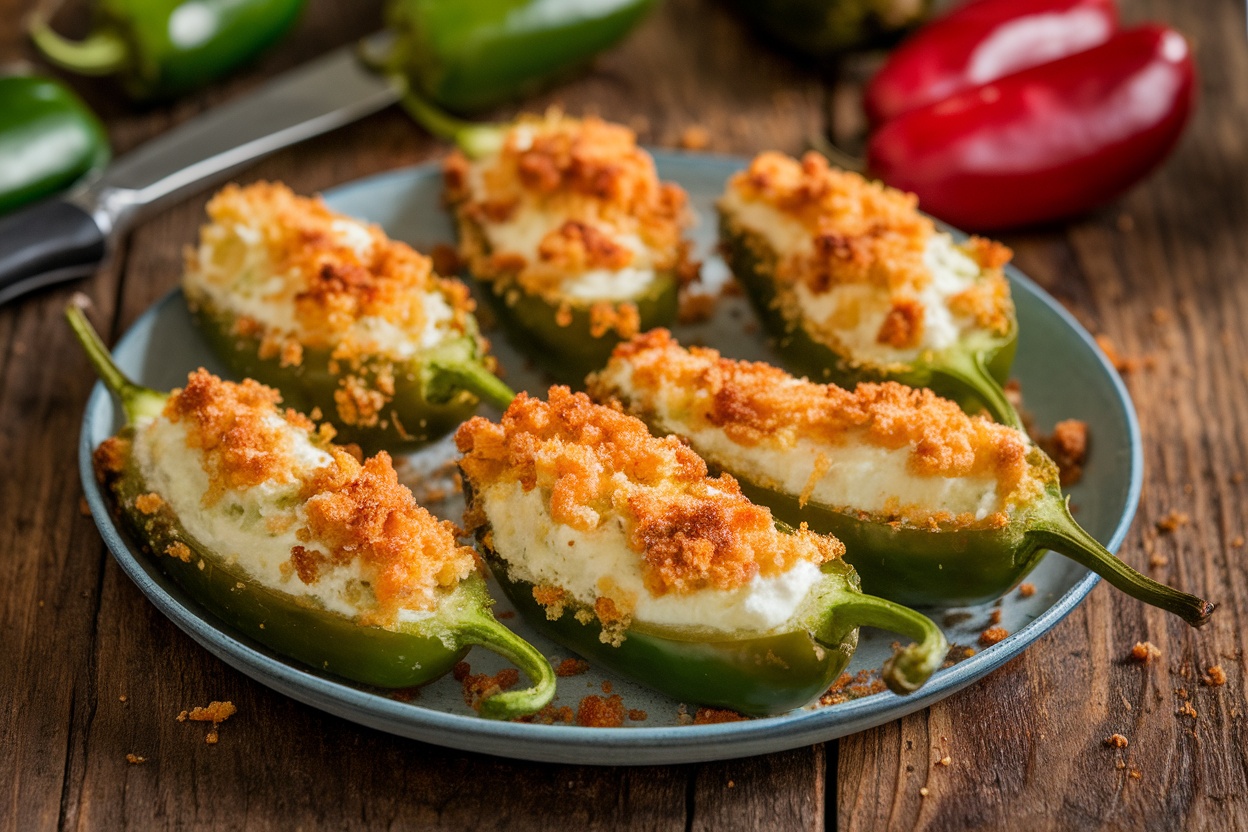 A delicious array of baked jalapeño poppers stuffed with cheese on a wooden platter.