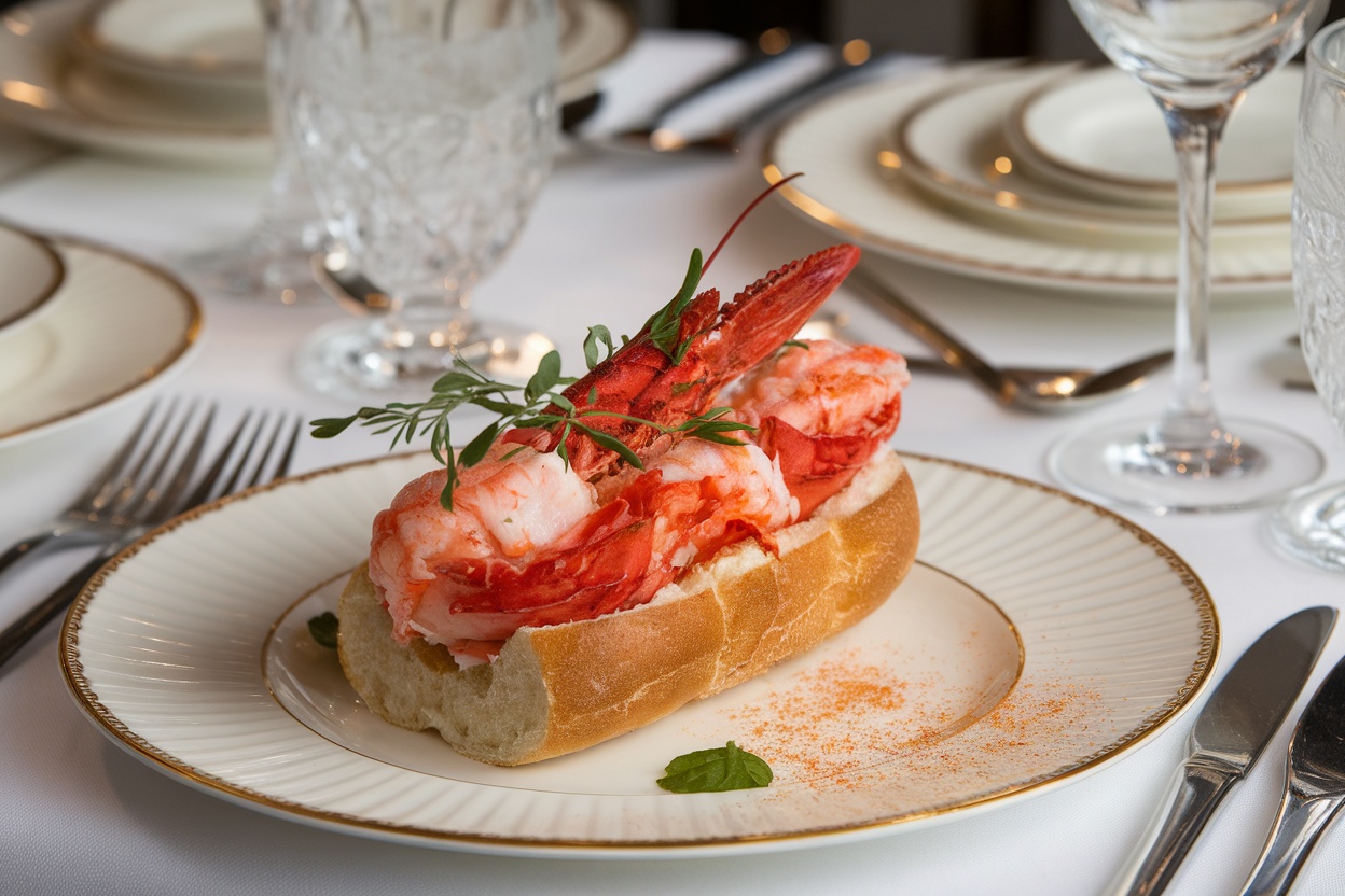 Lobster appetizer on mini brioche roll garnished with herbs and paprika, presented on an elegant dining table.