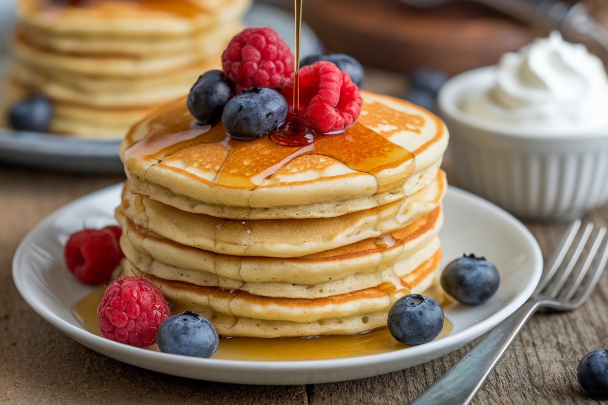 Fluffy low-carb pancakes stacked on a plate, topped with fresh berries and syrup.