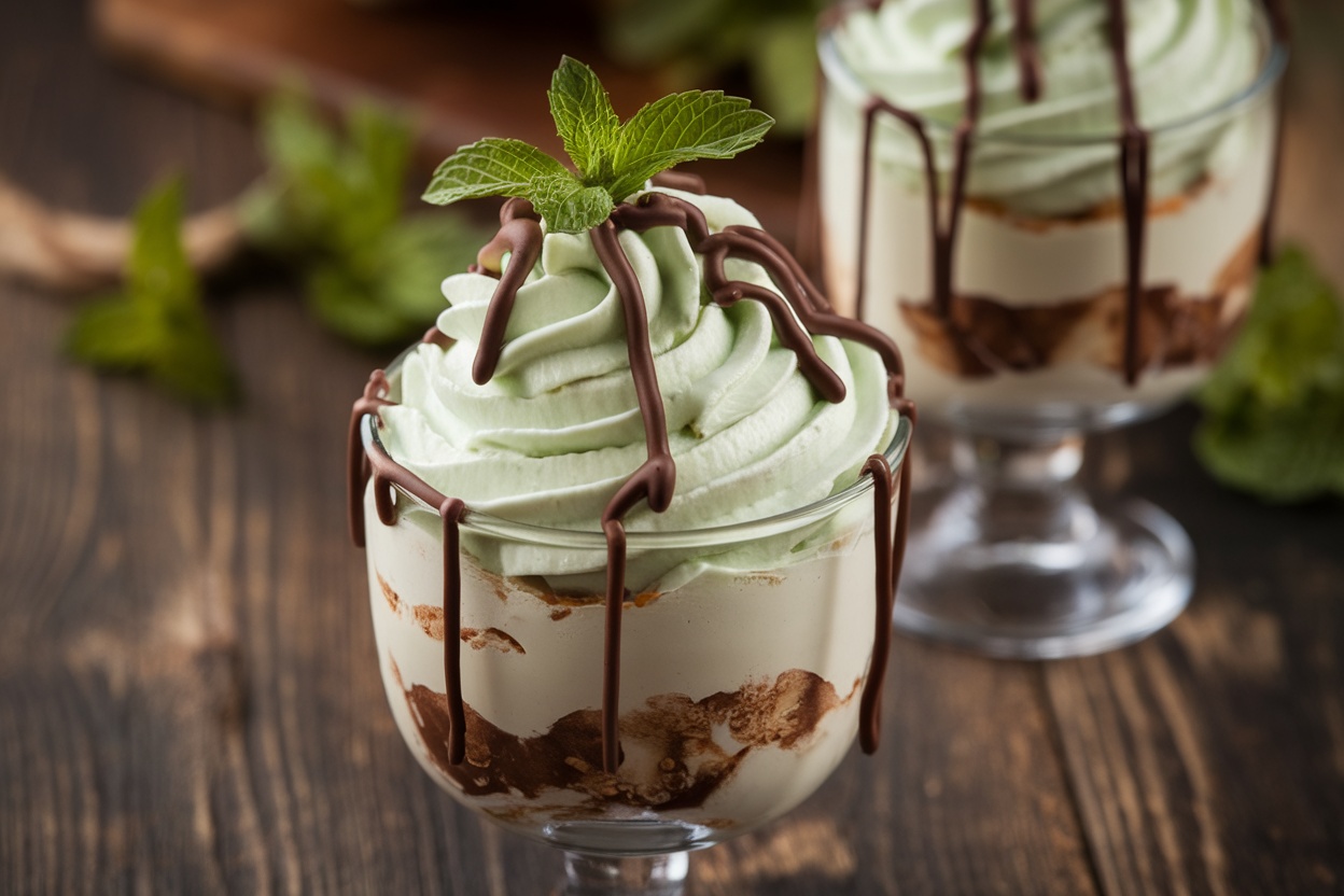 Mint chocolate Bavarian cream in dessert cups garnished with mint leaves, on a rustic table.