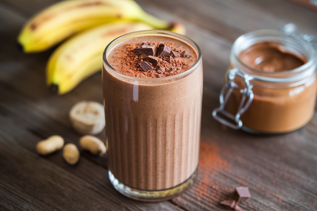 A delicious peanut butter chocolate smoothie in a glass, topped with cocoa powder and chocolate pieces, with bananas and peanut butter in the background.