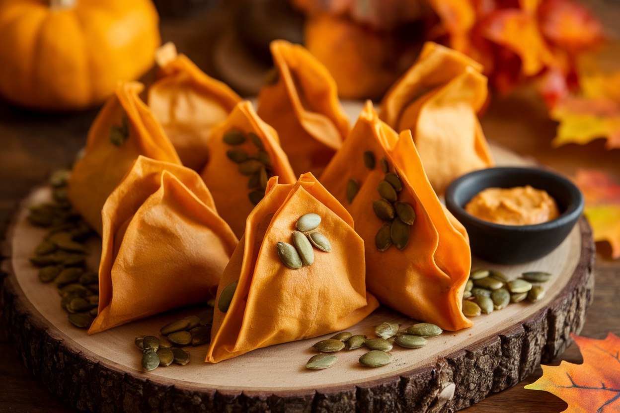 Golden-brown pumpkin appetizers on a rustic platter with pumpkin seeds and dipping sauce.