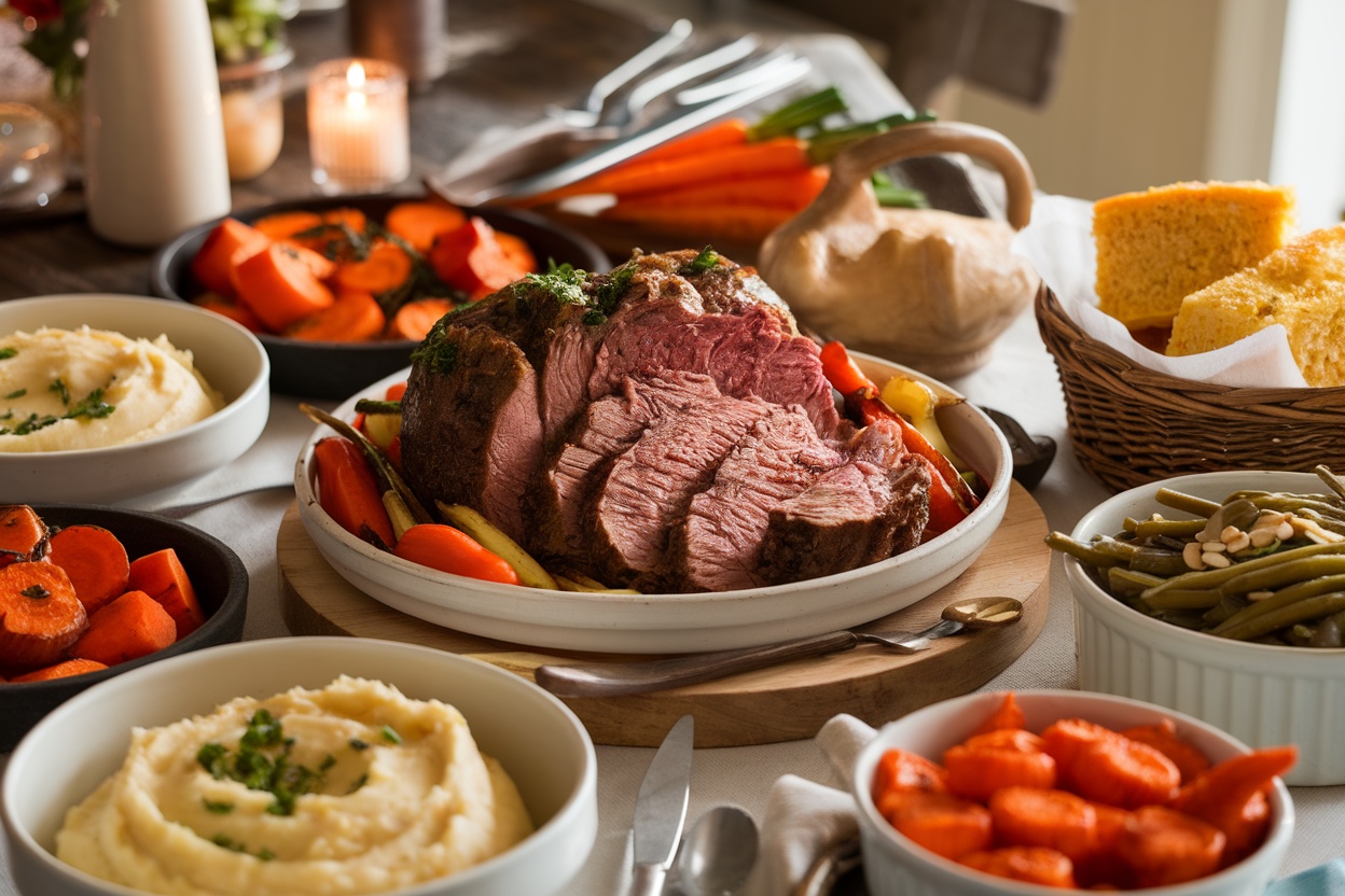 A dinner table with pot roast and an assortment of side dishes including mashed potatoes, roasted vegetables, and cornbread.