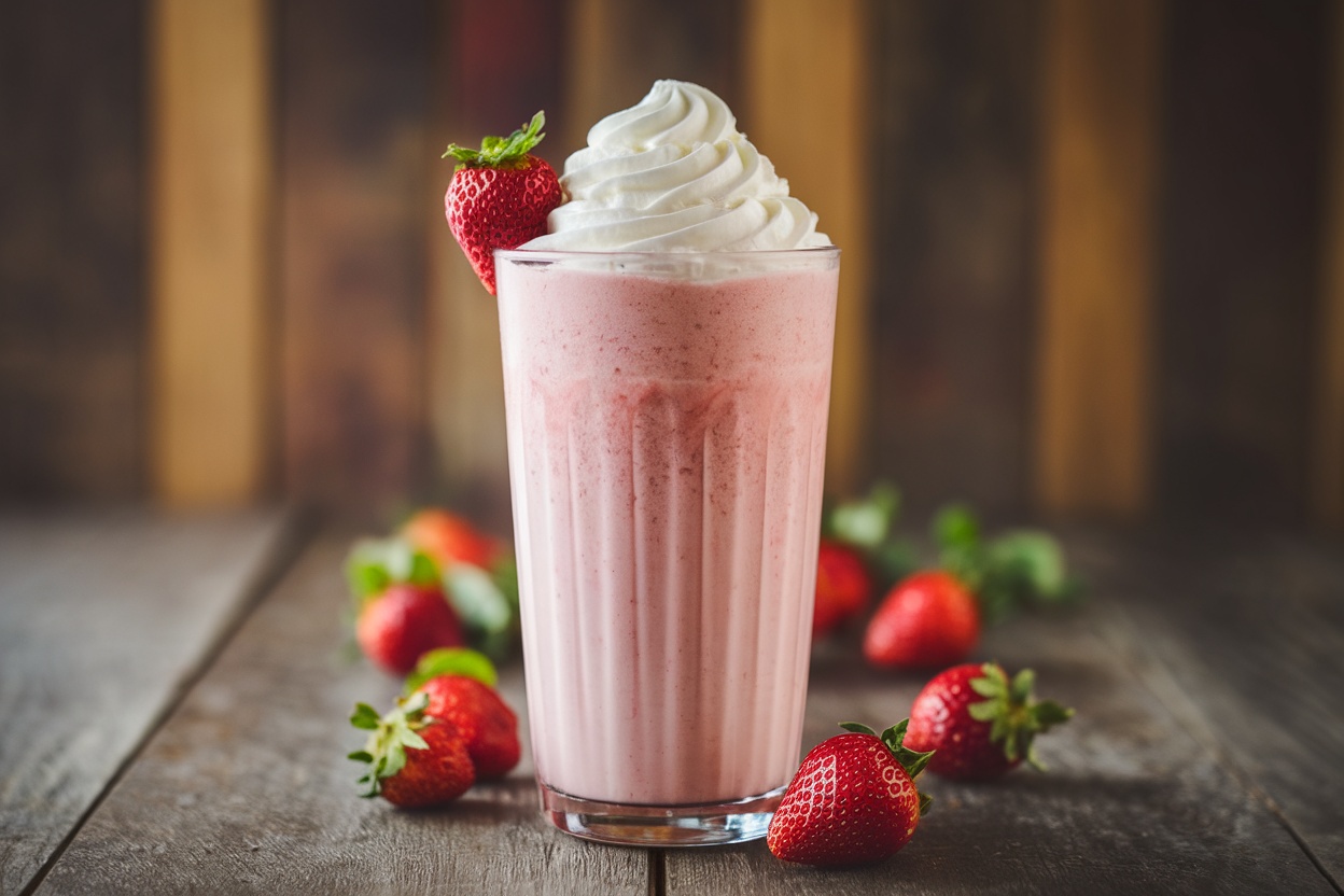 A refreshing strawberry milkshake in a glass, topped with whipped cream and a strawberry, on a wooden table.