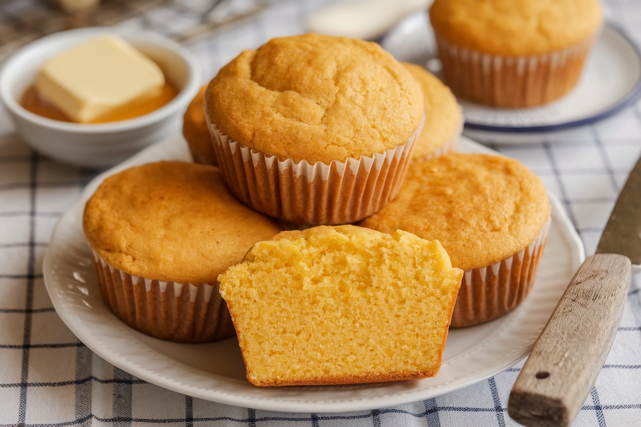 Golden cornbread muffins on a plate with honey butter, showcasing a warm and inviting meal setting.