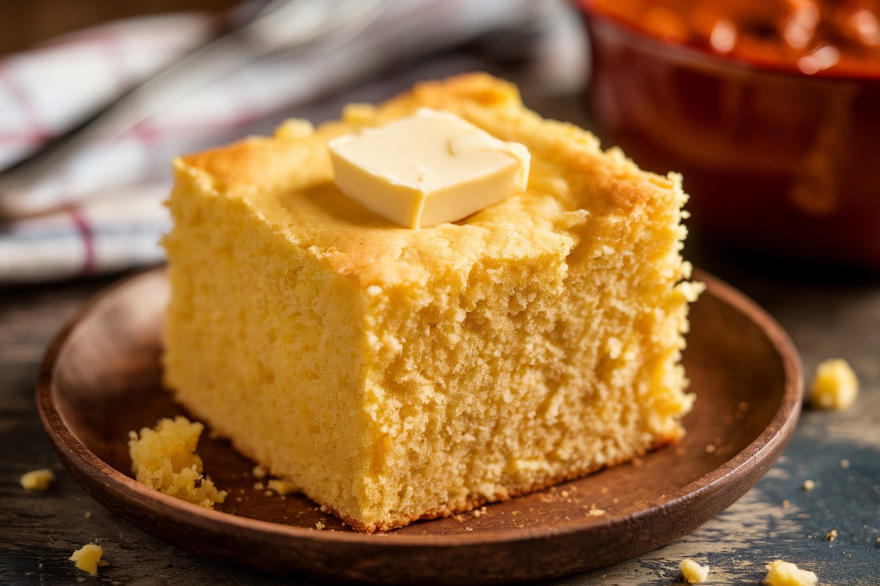 Fluffy cornbread slice with butter on rustic plate, served with chili, on a wooden table.