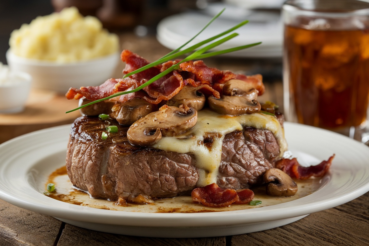 A hearty steak topped with mushrooms, cheese, and bacon, served on a rustic table with sides.