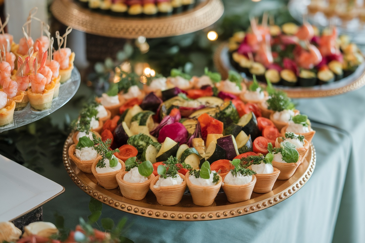 A beautiful assortment of individual appetizers including phyllo cups with cheese and vegetables, and shrimp skewers on a festive table.