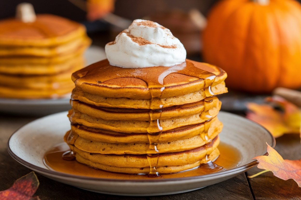 A delicious stack of paleo pumpkin pancakes with maple syrup and coconut whipped cream, surrounded by autumn leaves on a rustic table.