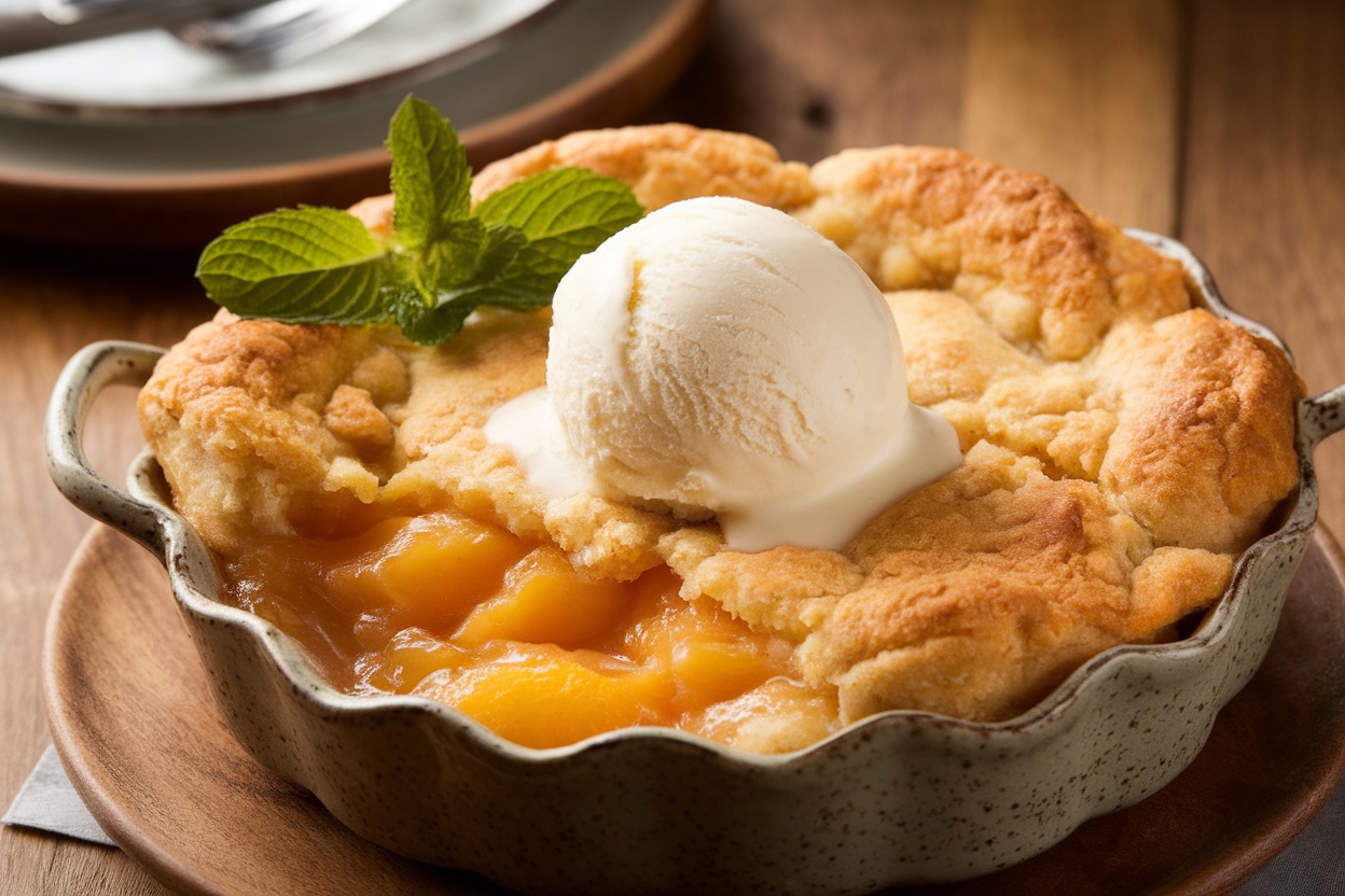 A serving of peach cobbler with ice cream on top, displayed on a rustic wooden table.