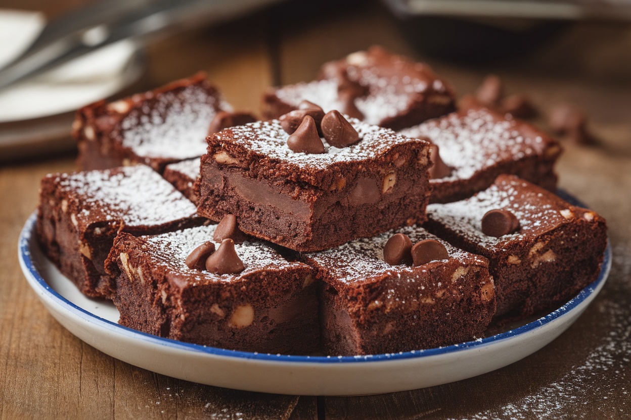 Fudgy brownies served on a plate, cut into squares, with chocolate chips and powdered sugar.