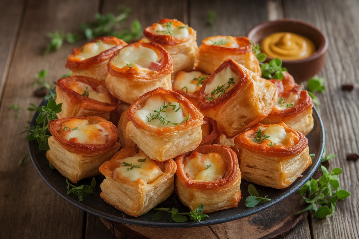 Golden ham and cheese appetizer bites on a platter with mustard for dipping.