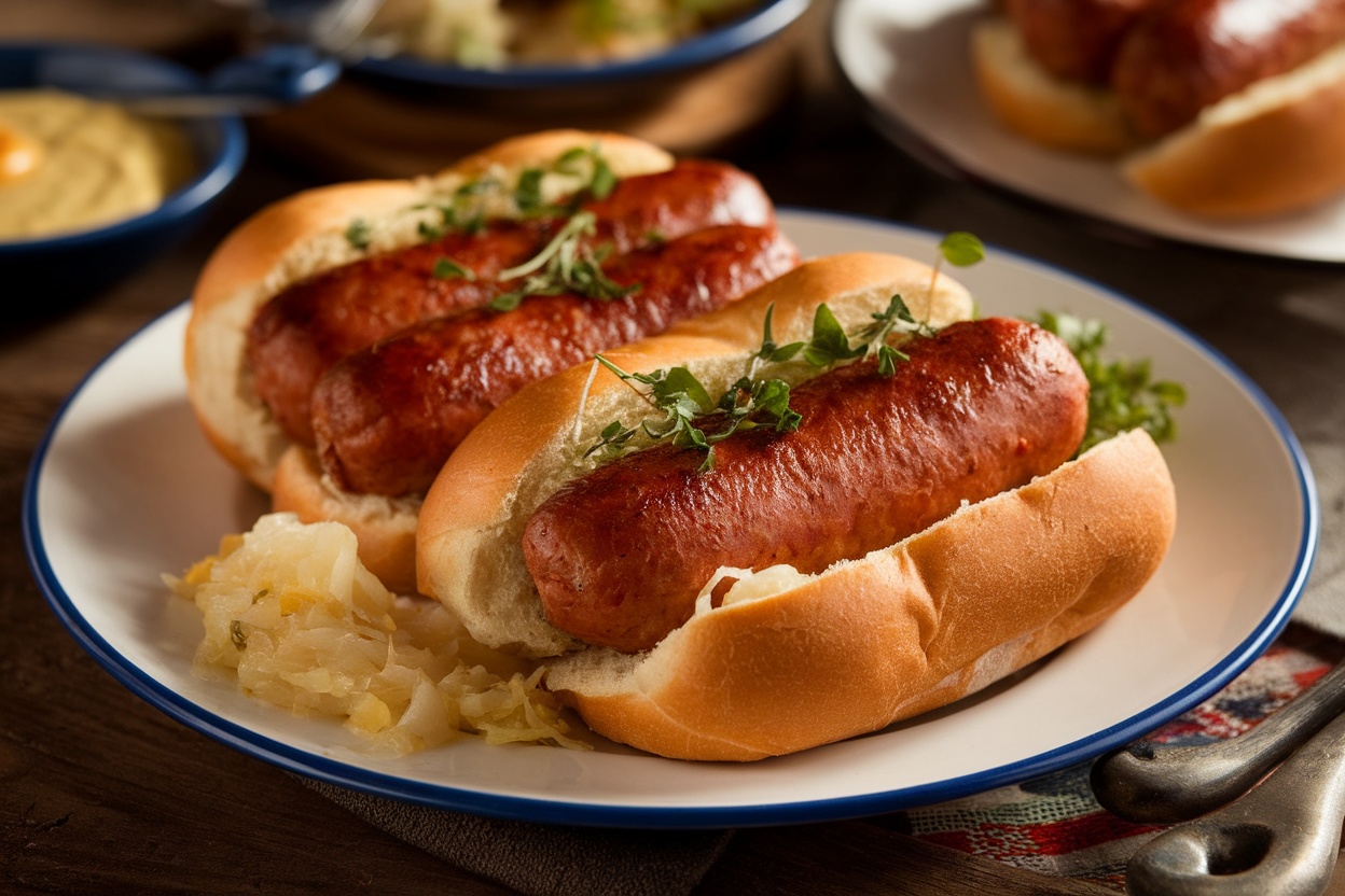 Oven-baked bratwurst with sauerkraut and mustard on a wooden table.