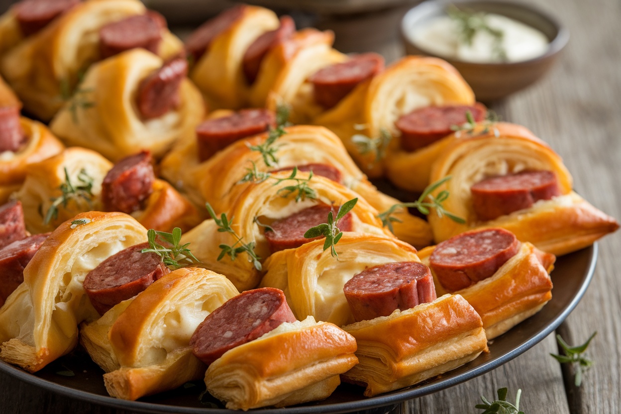 Savory sausage and cheese appetizers on a platter, garnished with herbs, on a rustic table with dipping sauce.