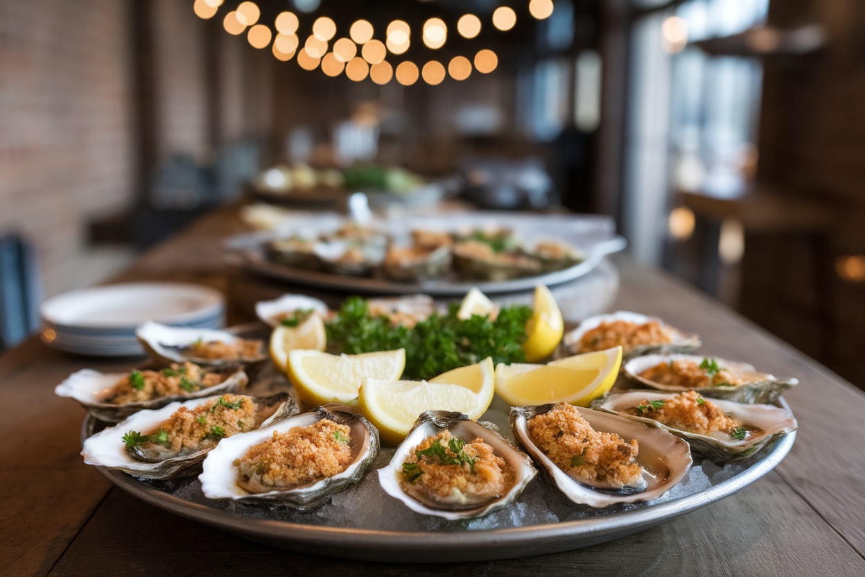 Platter of baked oyster appetizers with golden topping, garnished with parsley and lemon, on a rustic table.