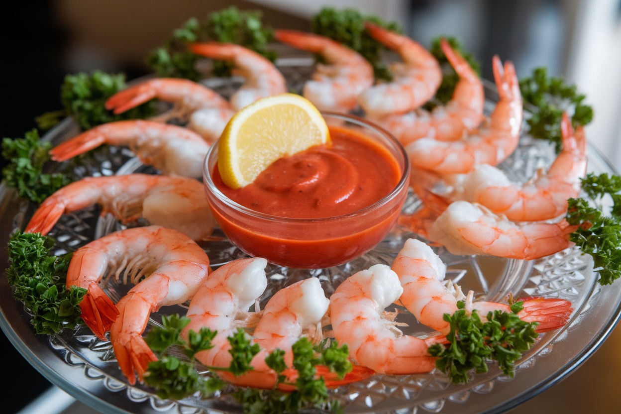 Elegant shrimp cocktail served on a glass platter with cocktail sauce and lemon wedges.