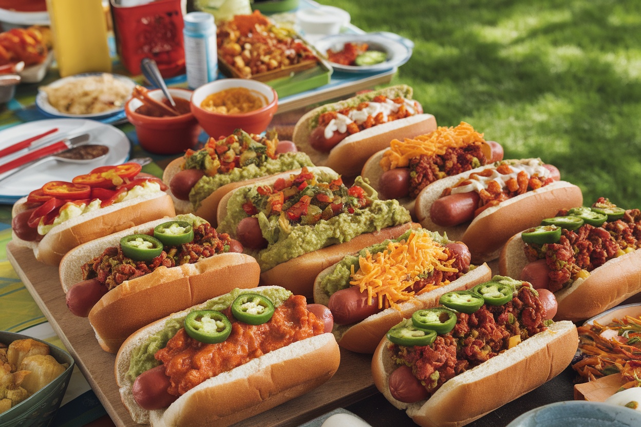 A selection of hot dogs with diverse toppings like chili, cheese, and guacamole, served in colorful buns.