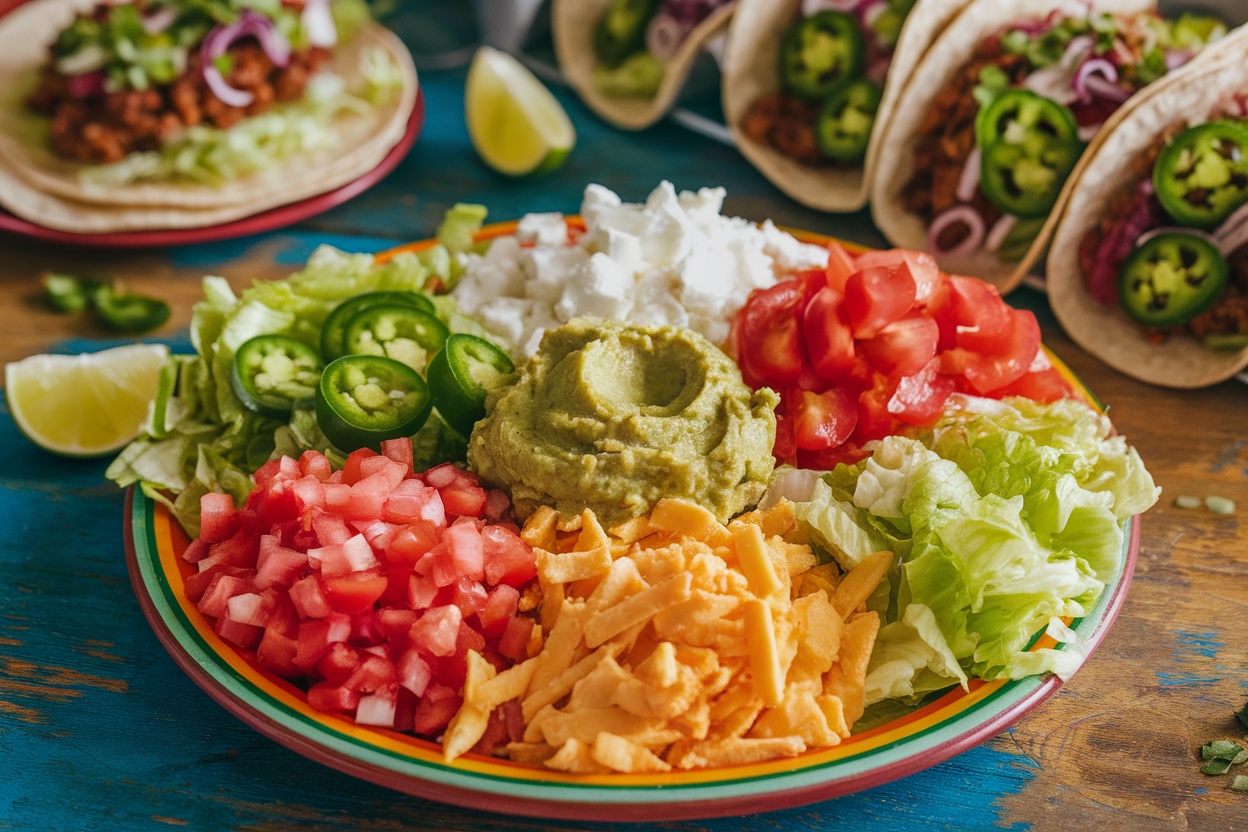 A platter of fresh taco toppings including lettuce, tomatoes, jalapeños, guacamole, and cheese beside assembled tacos on a rustic table.