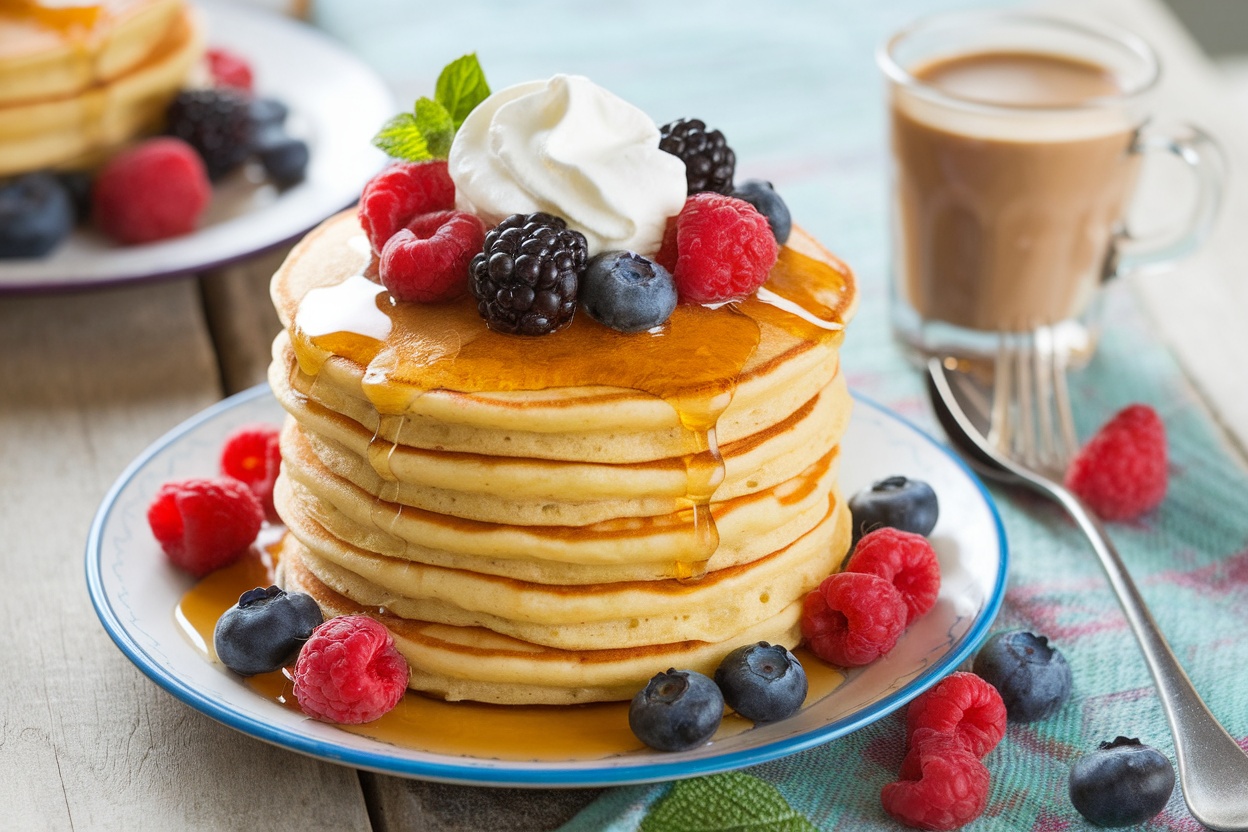 A stack of pancakes topped with berries and whipped cream, served on a rustic table, with coffee.