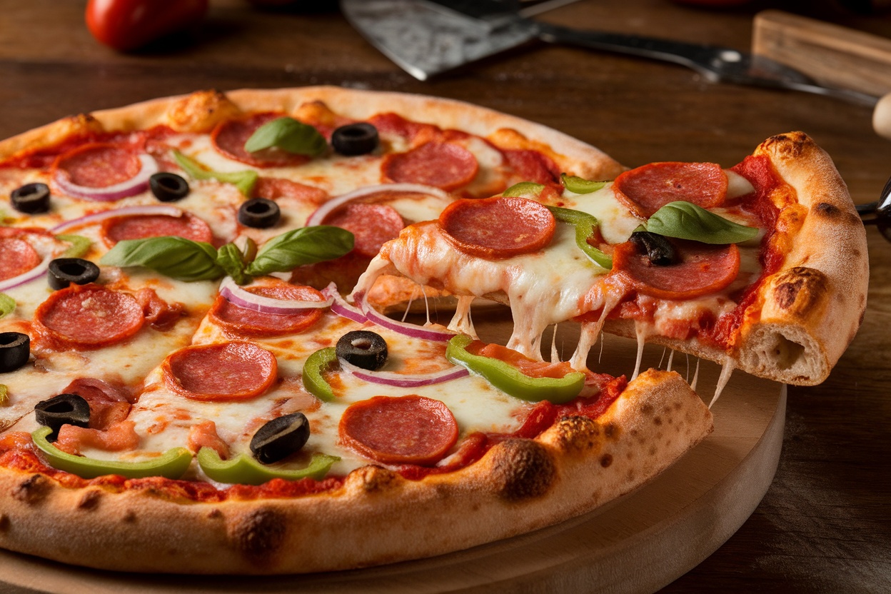 A delicious supreme pizza topped with mozzarella cheese, pepperoni, bell peppers, onions, and olives, served on a rustic wooden board.