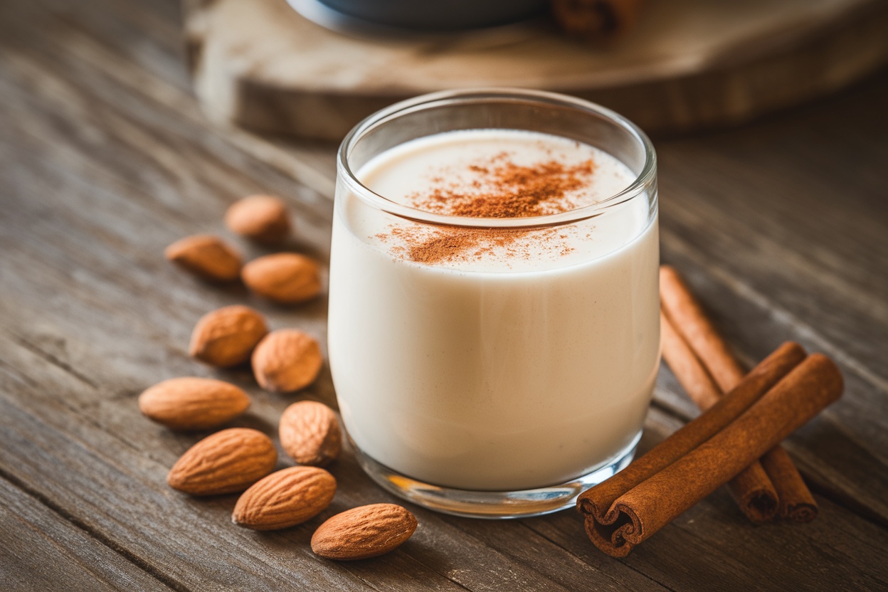 A glass of flavored almond milk adorned with cinnamon and fresh almonds on a rustic table.