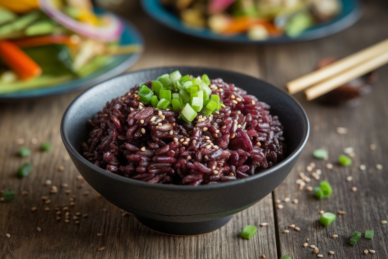 A bowl of black rice garnished with green onions and sesame seeds, with stir-fried vegetables in the background.