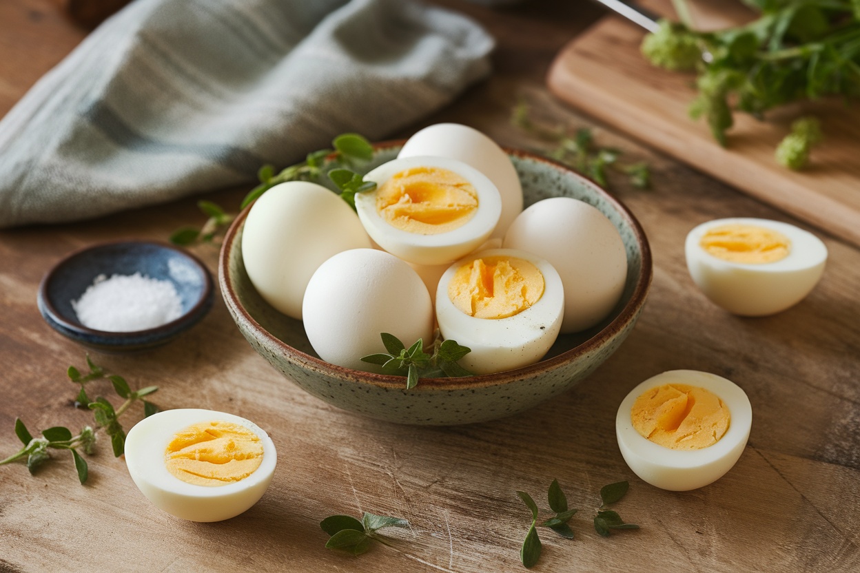 A bowl of hard-boiled eggs, some whole and some halved, on a kitchen table with herbs and a dish of salt.