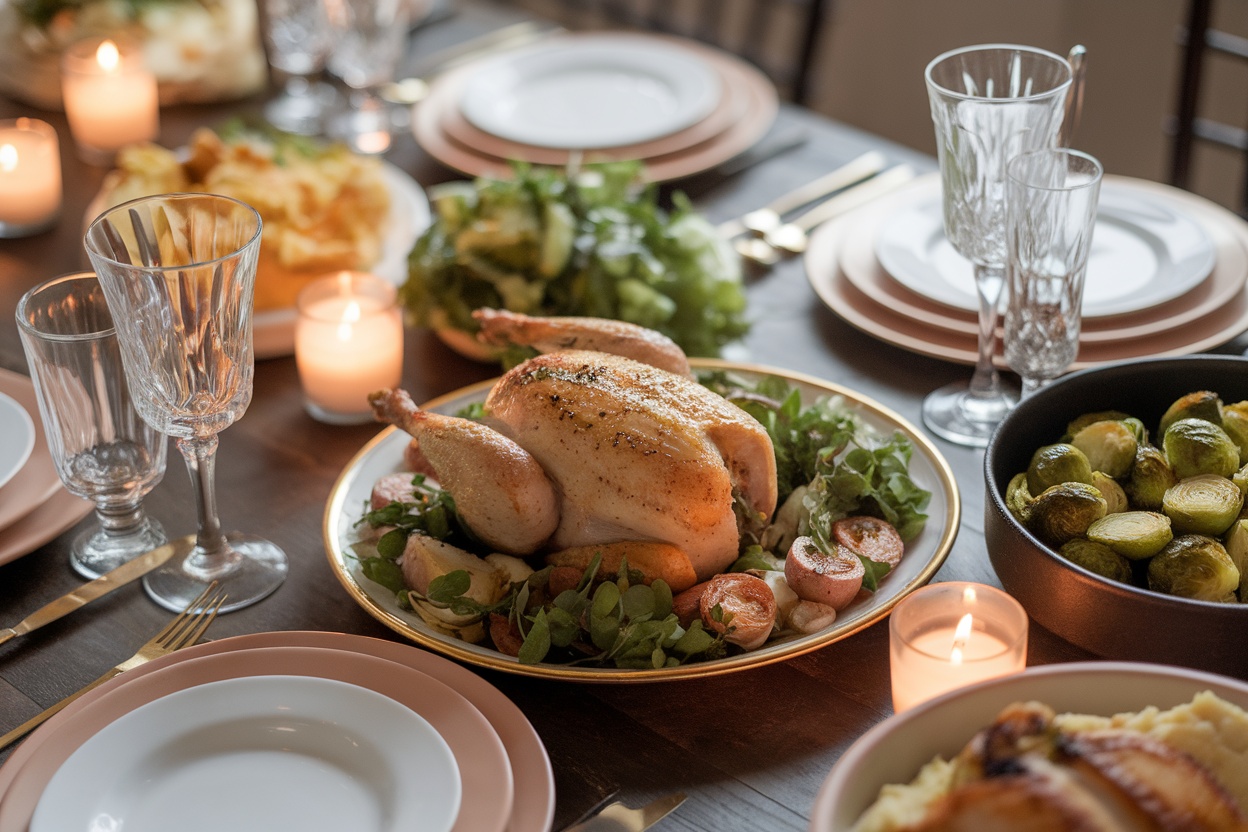 Dinner table featuring Cornish hens and assorted side dishes including mashed potatoes and Brussels sprouts.