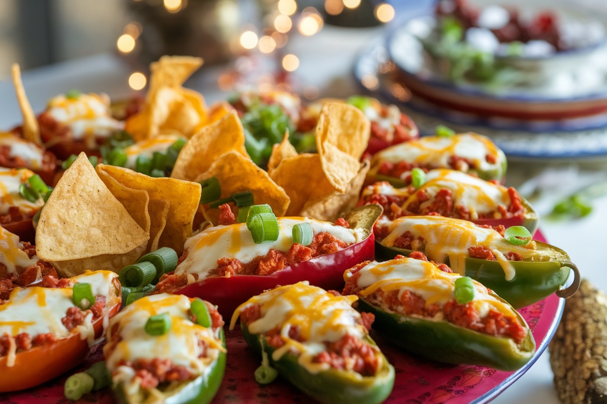 A colorful plate of stuffed jalapeños and tortilla bites on a festive table, showcasing spicy chili appetizers.