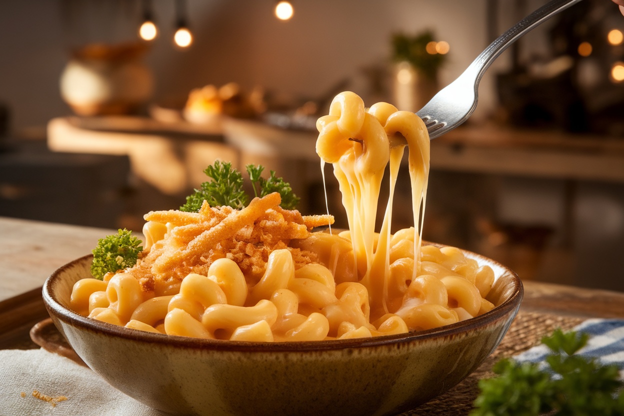 A bowl of creamy mac and cheese with cheese pull, garnished with parsley, served on a wooden table.