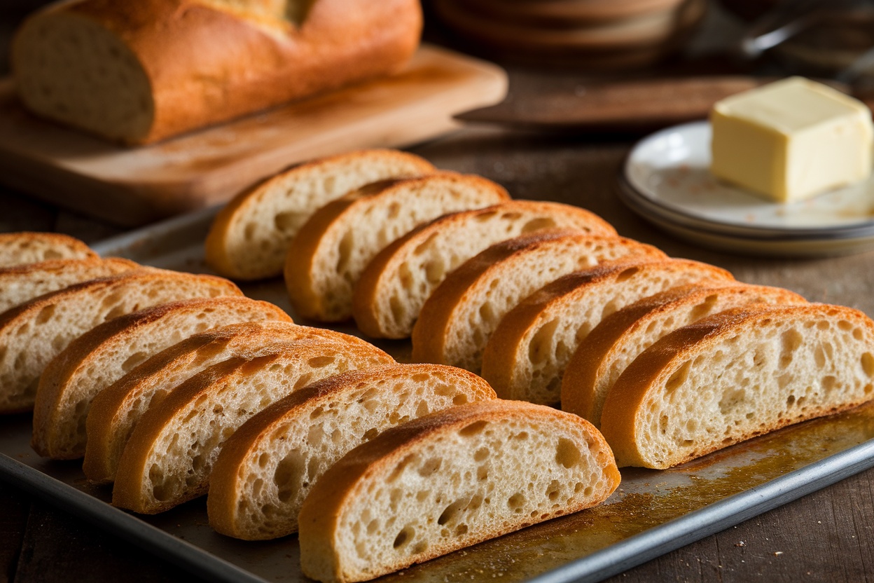 A baking sheet with perfectly toasted bread slices, surrounded by kitchen elements.