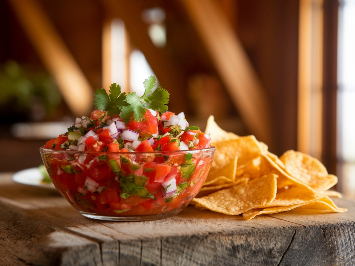 A bowl of fresh salsa with tomatoes and cilantro, served with tortilla chips on a wooden table.